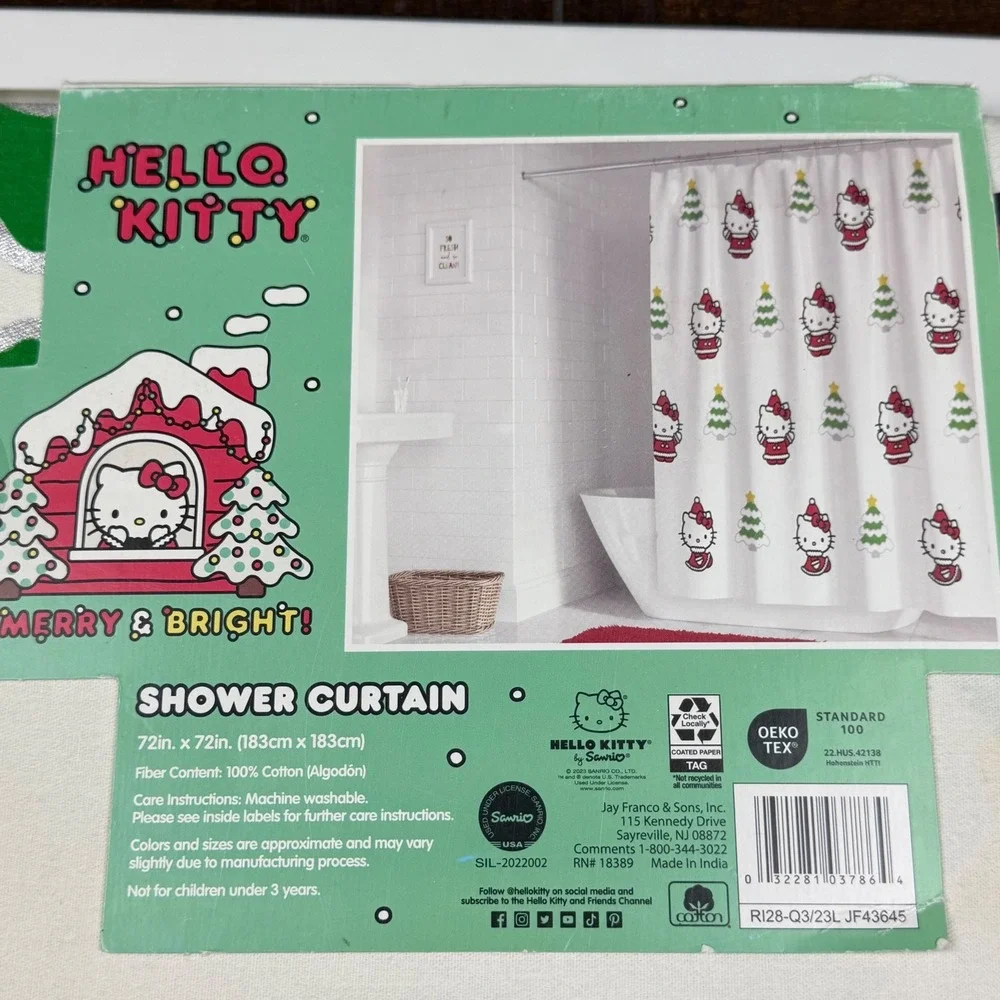 Hello Kitty Christmas Holiday Shower Curtain White 72x72 Sanrio Kawaii Decor NEW